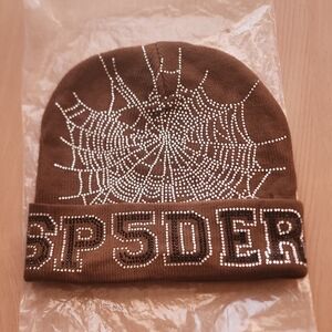 Brown Rhinestone Spider Web Beanie